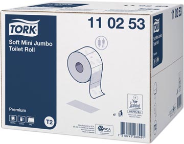 Tork Premium Mini rouleau jumbo papier toilette doux, 2 pli, système T2, blanc