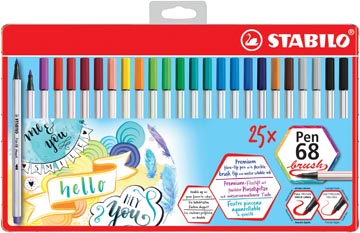 STABILO Pen 68 brush, metalen doos van 25 stuks in geassorteerde kleuren