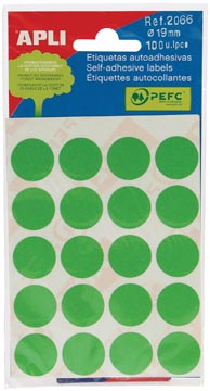 Apli étiquettes rondes en pochette diamètre 19 mm, vert, 100 pièces, 20 par feuille (2066)