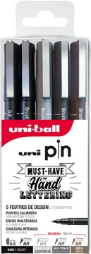 Uni Pin fineliner set handlettering, etui van 5 stuks, assorti