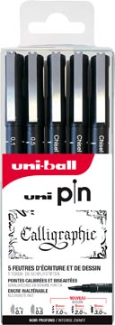 Uni Pin fineliner set Calligrafie, zwart, etui met 5 stuks in geassorteerde punten (assortiment 1)