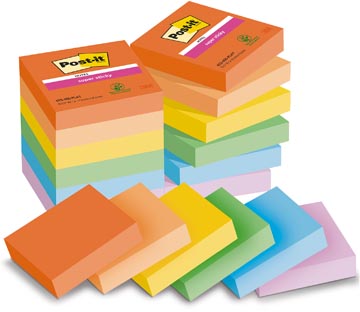Post-it Super Sticky notes Playful, 90 feuilles, ft 76 x 76 mm, couleurs assorties, paquet de 12 blocs