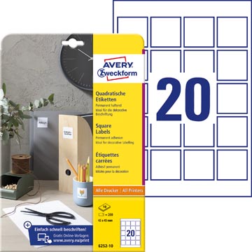 Avery Zweckform vierkante etiketten, 45 x 45 mm, wit, permanent klevend, 200 etiketten, 10 vellen