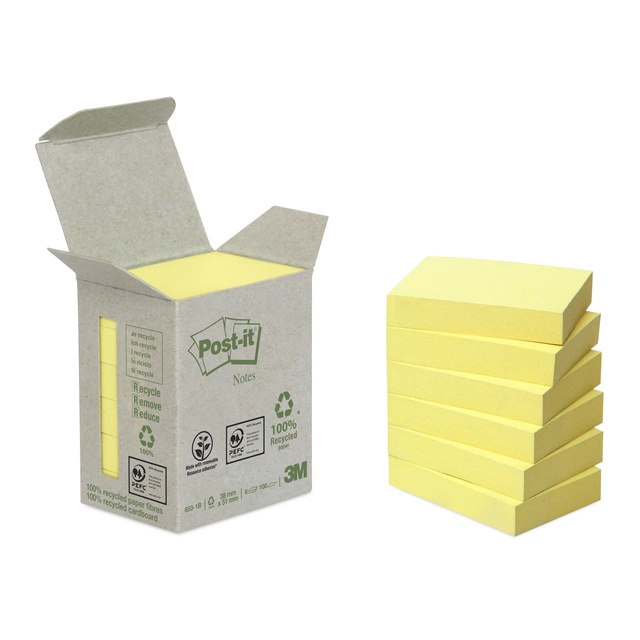 Bloc-mémos Post-it 653-1B 38x51mm 6 blocs recyclé jaune