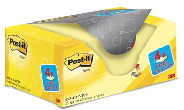 Post-it Notes, ft 38 x 51 mm, geel, blok van 100 vel, pak van 16 + 4 gratis