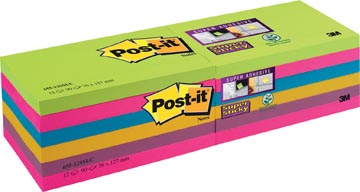 Super Sticky Notes, ft 76 x 127 mm, couleurs assorties, paquet de 12 blocs