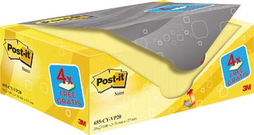 Post-it notes, 100 feuilles, ft 76 x 127 mm, jaune, paquet de 16 blocs  + 4 gratuit