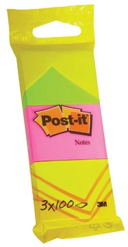 Post-it Notes, 100 feuilles, ft 38 x 51 mm, blister de 3 blocs en jaune néon, rose guava et vert néon