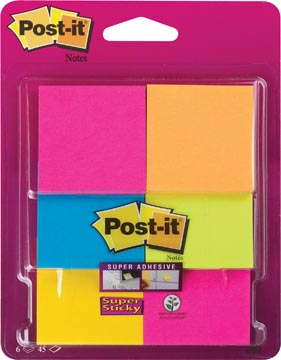 Post-it Super Sticky Notes, ft 47,6 x 47,6 mm, blister de 6 blocs de 45 feuilles, couleurs assorties