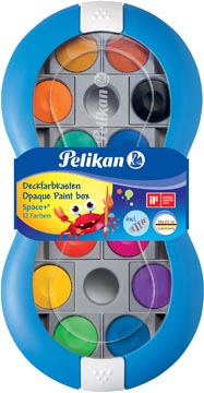 Pelikan verfdoos Space, 12 napjes in geassorteerde kleuren + tube wit, blauw