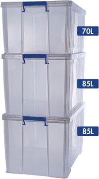 Bankers Box boîte de rangement 2 x 85L + 1 x 70L, transparent avec poignées, set de 3 pcs emb en carton