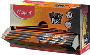 Maped crayon Black'Peps HB, sans gomme, boîte de présentoir cartonné de 100 pièces