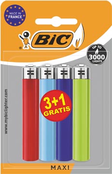 BIC Maxi vuursteen aanstekers, geassorteerde kleuren, blister van 3 + 1 gratis