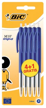 Bic balpen M10 Clic schrijfbreedte 0,4 mm, medium punt, blauw, blister 4 + 1 gratis