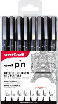 Uni Pin fineliner, étui de 8 pièces, noir, 0,03-0,1-0,3-0,5-0,7-0,9-1,2 et 1 brush