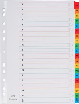 Pergamy tabbladen met indexblad, ft A4, 11-gaatsperforatie, geassorteerde kleuren, A-Z 20 met tabs