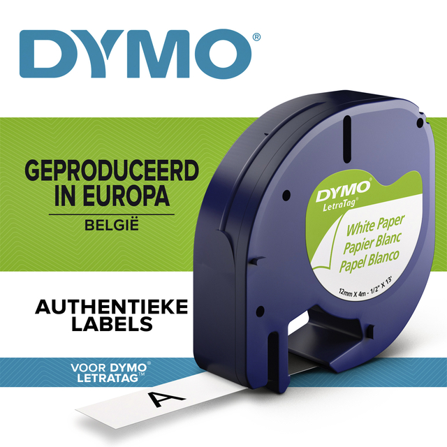 Labeltape Dymo Letratag 91200 papier 12mm zwart op wit