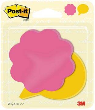 Post-it notes, 2 x 30 feuilles, ft 72,5 x 72,2 mm, fleur power rose et bulle jaune ultra