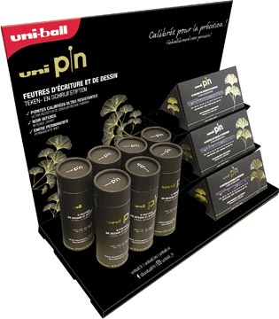 Uni Pin fineliner, présentoir de 7 tubes de 9 pièces et 3 boîtes triangulaires de 18 pièces, noir