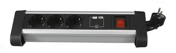 Perel desktop contactdoos met 3 stopcontacten, 2 USB-poorten en schakelaar, zwart, voor België