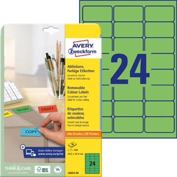 Avery afneembare gekleurde etiketten ft 63,5 x 33,9 mm (b x h), 480 stuks, 24 per blad, groen