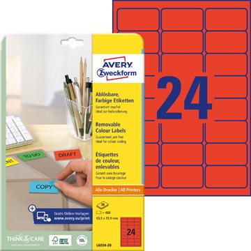 Avery étiquettes mini repositionnables ft 63,5 x 33,9 mm (l x h), 480 pièces, 24 par feuille, rouge