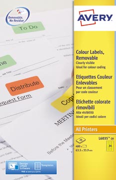 Avery afneembare gekleurde etiketten ft 63,5 x 33,9 mm (b x h), 480 stuks, 24 per blad, geel