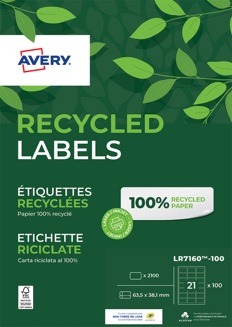 Etiquette Avery LR7160-100 63,5x38,1mm recyclé 2100 pcs