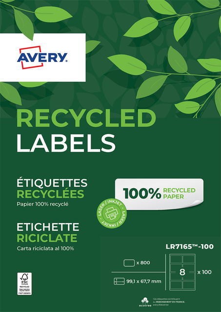 Etiquette Avery LR7165-100 99,1x67,7mm recyclé 800 pcs
