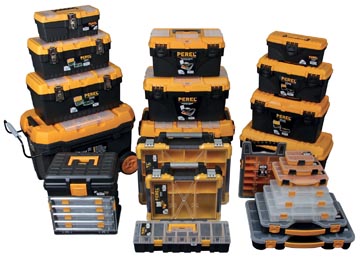 Perel gereedschapskoffer met 18 vakjes, zwart/geel