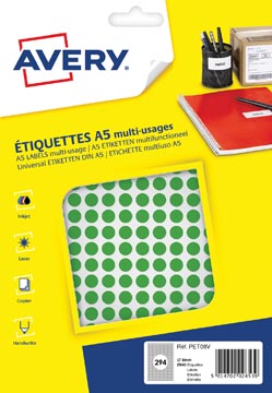 Avery PET08V etiquettes pastilles rondes, diamètre 8 mm, blister de 2940 pièces, vert