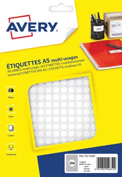 Avery PET08W etiquettes pastilles rondes, diamètre 8 mm, blister de 4704 pièces, blanc