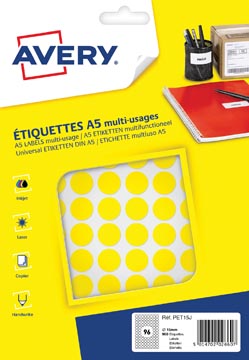 Avery PET15J etiquettes pastilles rondes, diamètre 15 mm, blister de 960 pièces, jaune