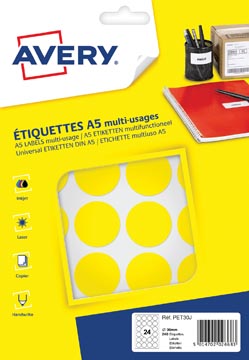 Avery PET30J etiquettes pastilles rondes, diamètre 30 mm, blister de 240 pièces, jaune