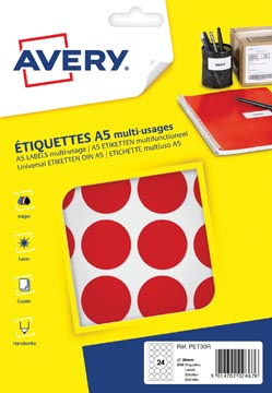 Avery PET30R etiquettes pastilles rondes, diamètre 30 mm, blister de 240 pièces, rouge