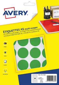 Avery PET30V etiquettes pastilles rondes, diamètre 30 mm, blister de 240 pièces, vert