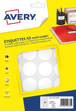 Avery PET30W etiquettes pastilles rondes, diamètre 30 mm, blister de 384 pièces, blanc
