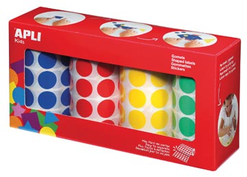 Apli Kids gommettes XL, diamètre 20 mm, boîte avec 4 rouleaux en 4 couleurs