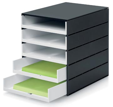 Styro bloc à tiroirs Styroval Pro avec 5 tiroirs ouverts, noir/blanc