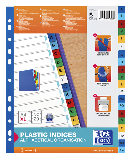Intercalaires Oxford A4+ 11 trous 20 onglets A-Z PP couleur
