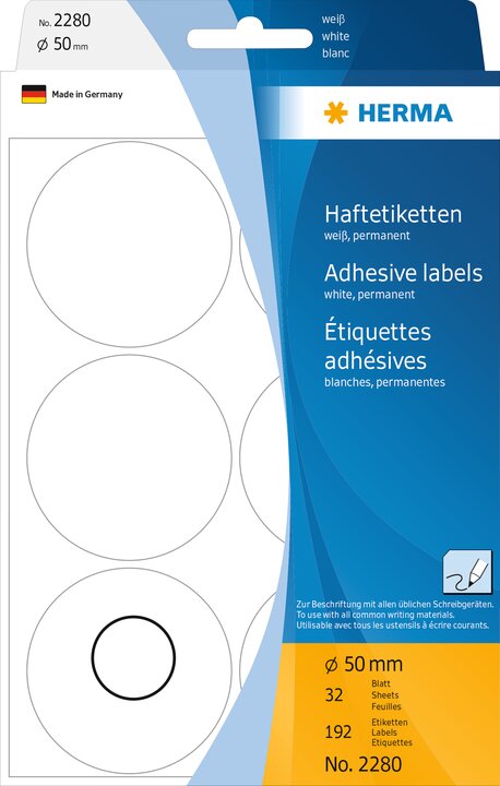 Étiquettes/pastilles de couleur Ø 50 mm, rondes, blanches, permanentes, inscription manuelle