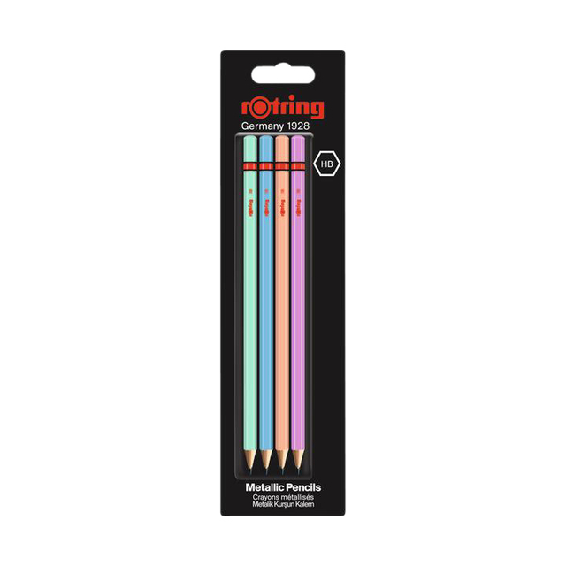 Crayon rOtring Woodcase Metallic HB blister 4 pièces assorti