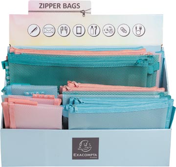 Exacompta tassen met zipsluiting Chromaline, display van 36 stuks in geassorteerde pastelkleuren en maten