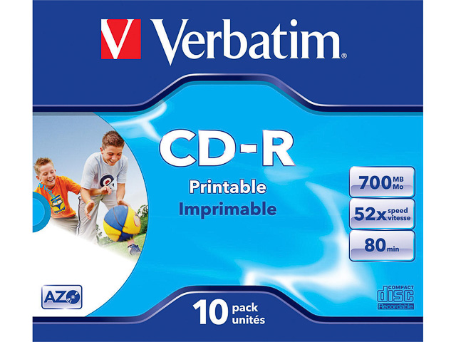 VERBATIM CDR80 700MB 52x IW (10) JC 43325  jewel case inkjet printable