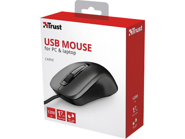 TRUST CARVE MOUSE WITH CABLE BLACK 23733 USB 3buttons 1200dpi ambidextrous
