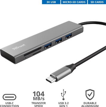 Trust Halyx  USB-C Hub, 3 poorten en 2 kaartsleuven