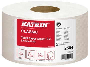 Katrin toiletpapier Classic Gigant, 2-laags, 600 vellen, pak van 12 rollen