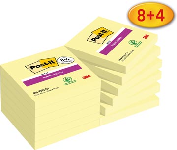 Post-it Super Sticky notes Canary Yellow, 90 feuilles, ft 76 x 76 mm, 8 + 4 GRATUIT