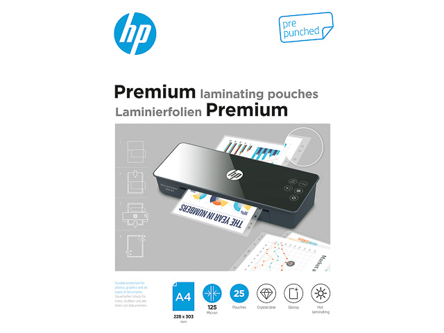HP PREMIUM LAMINATING POUCHES A4 9122 25sheets 125mic with punching