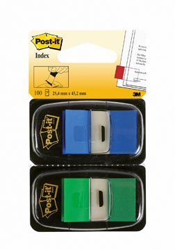 Post-it Index Standard Duo Pack, 100 tabs, vert/bleu